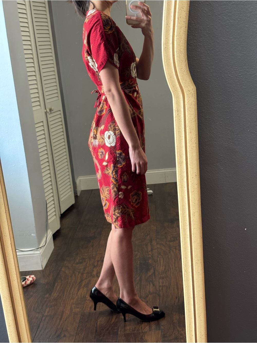 Deep Red Batik Floral Sheath Dress XS - Picture 13 of 16